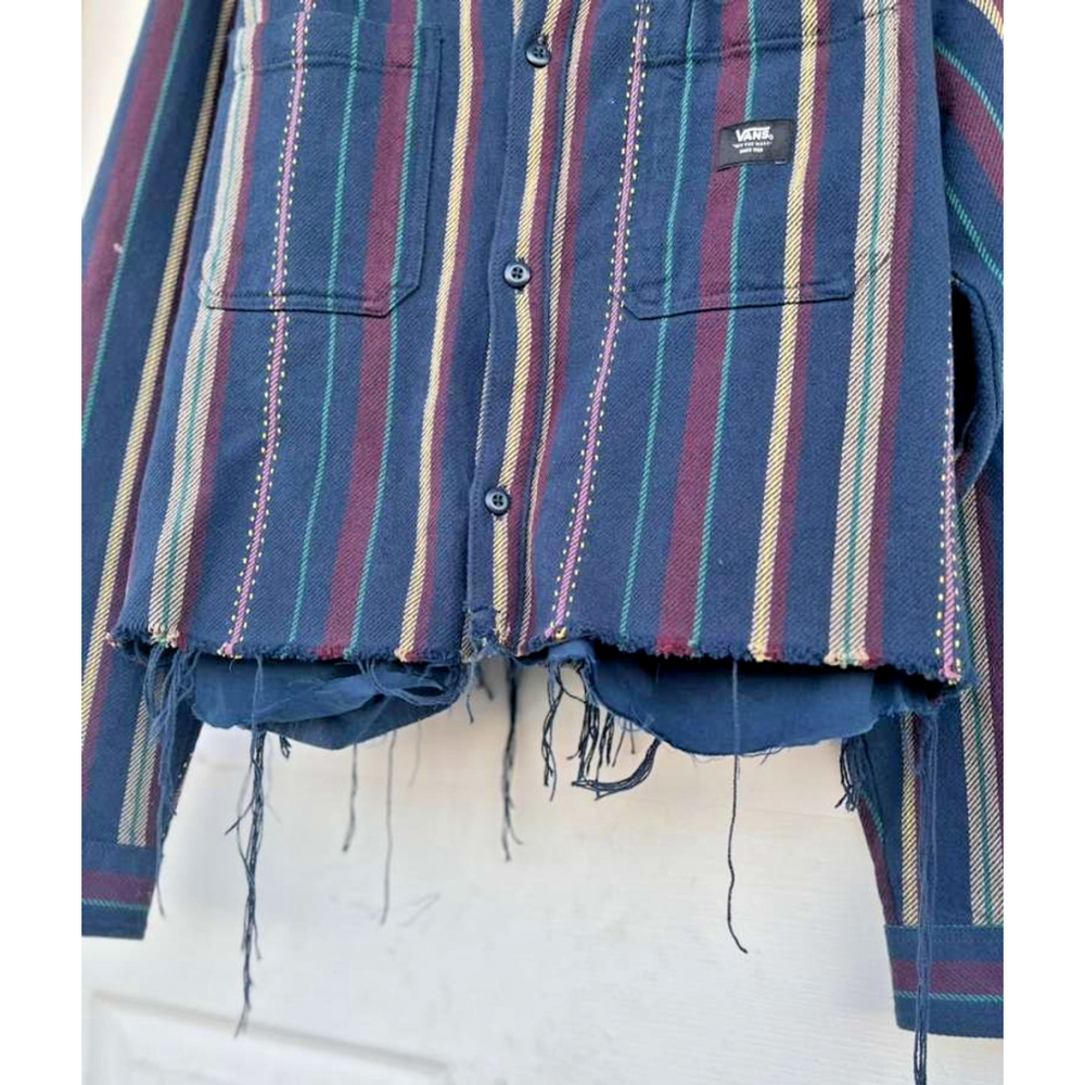 Vans Cropped Striped Jacket Raw Hem Canvas Denim Feel Women’s Large Y2K - Picture 11 of 15